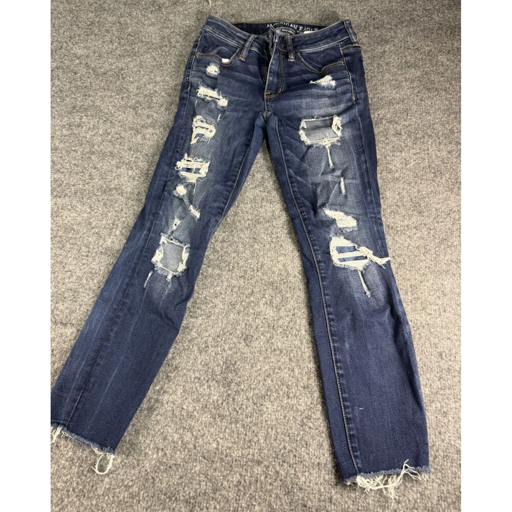 American Eagle Crop Jeggings Size 2 Super Stretch Distressed Skinny Jeans Blue